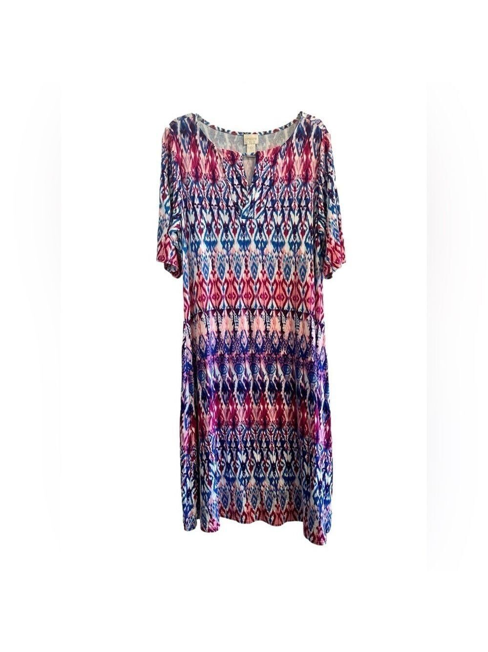 Chicos 0 Tie Dye Summer Shift Dress Womens Size 4 Blue & Pink 1/2 Sleeves CUTE!